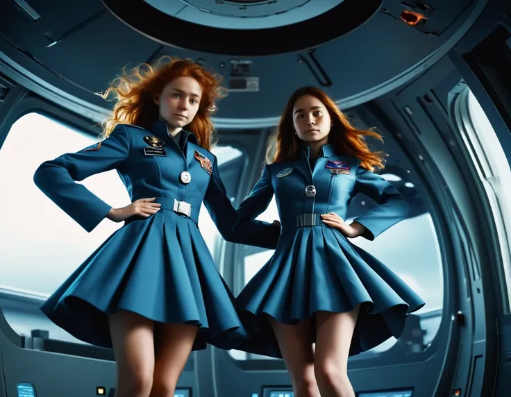 85mm photograph of sapphic space lesbians, attractive and beautiful women, fixing spaceships, lifting skirts, exploring space, i...