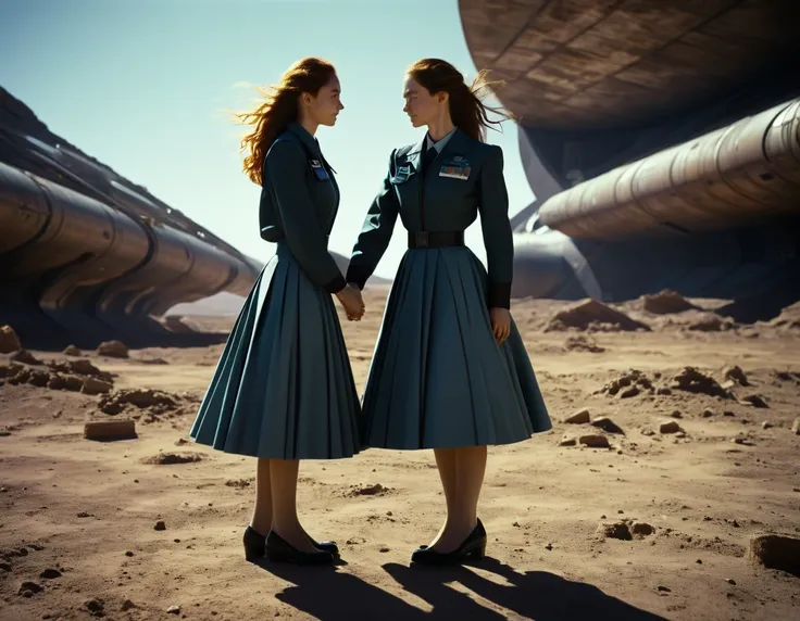 85mm photograph of sapphic space lesbians, attractive and beautiful women, fixing spaceships, lifting skirts, exploring space, i...