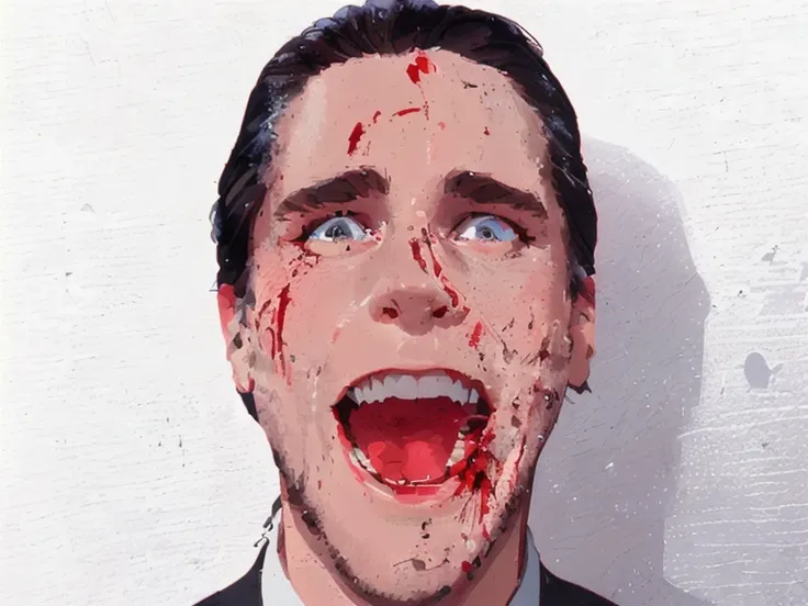 t-shirt designer, stylized modern vector art, (white background), design, man with blood on his face and tie, patrick bateman), ...