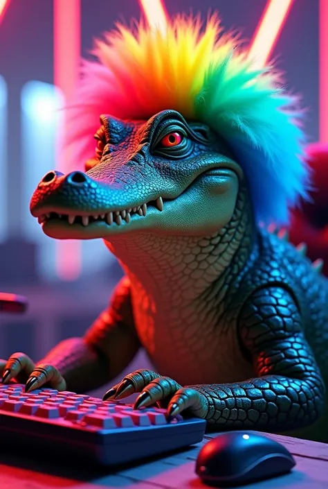 A gamer crocodile with a wig, lipstick and makeup, lips and LGBT lipstick 