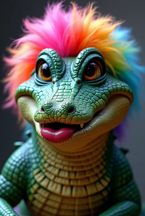 A gamer crocodile with a wig, lipstick, and full lips with LGBT lipstick. 