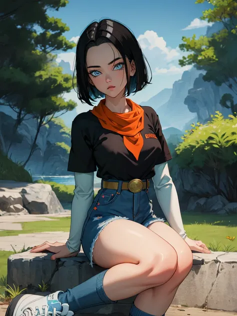 (masterpiece), best quality, expressive eyes, perfect face, highres, 1 girl, solo, android 17 girl, (female body:1.3), blue eyes...