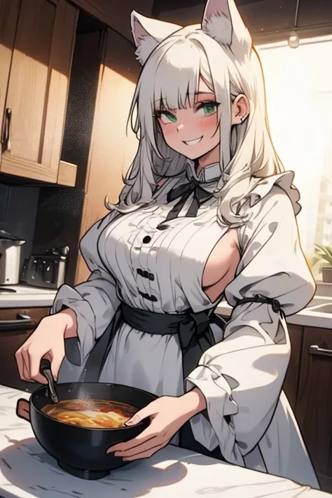 Perfect face. Perfect hands. A young white haired woman with green eyes with white wolf ears and a fluffy white wolf tail in a Lolita maid outfit is cooking in a fancy kitchen with a big smile