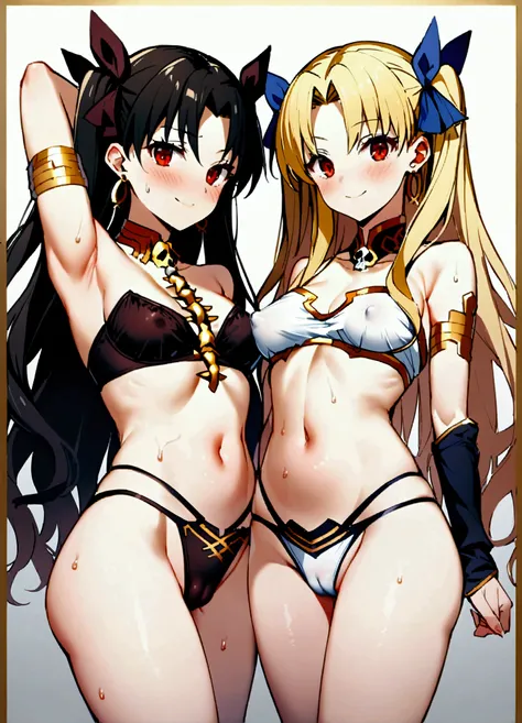 2 people、multiple、Ereshkigal (fate)、Ishtar (fate)、chest、Red eyes、belly button、Staring at the audience、Earrings、jewelry、Long Hair、Blonde Hair、Black Hair、Sisters、blush、Parted bangs、Underarm、brother、フープEarrings、High leg、Gold border、Exposed shoulders、High legb...