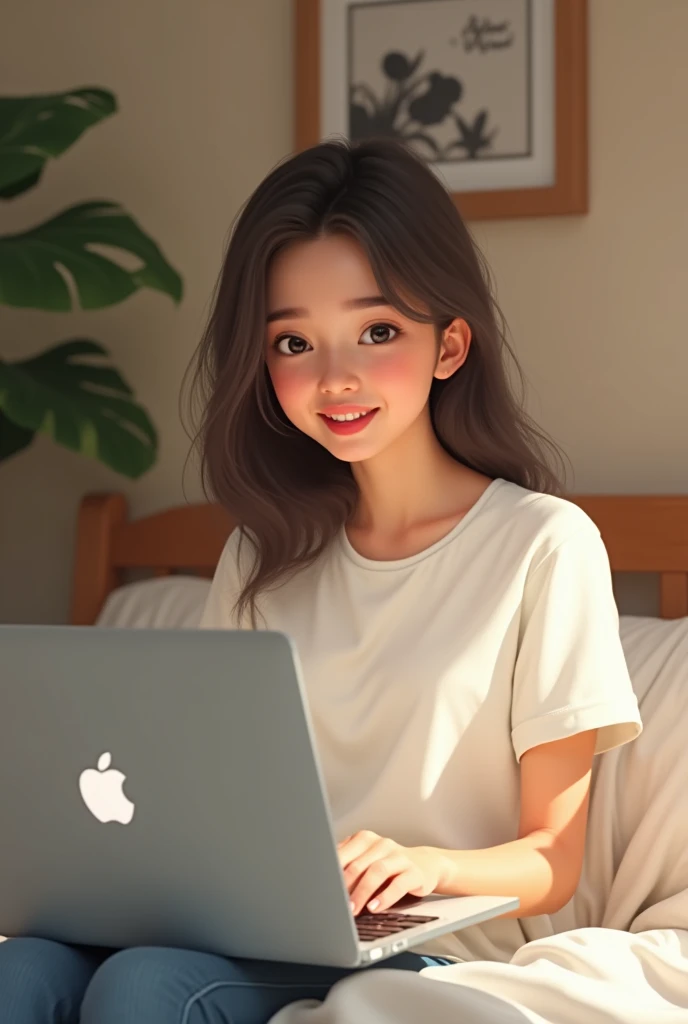 girl using a white t-shirt, smiling and sitting with a laptop