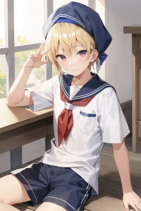 male　male性　shota　blonde　rainbow eyes　slender　smile　white shirt　school uniform　navy blue shorts　in town　male二人　red bandana