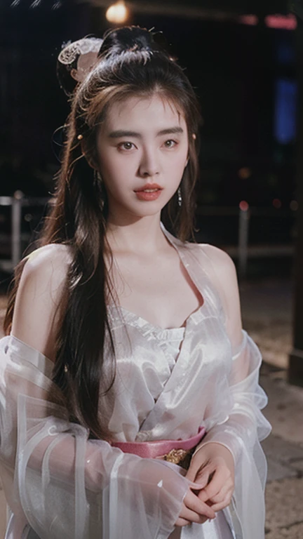 Nie Xiaoqian,Huan Su Xian, BG_picture,Wear ancient Chinese clothes (Translucent, Sparkling pink and white set:1.4), hair bun,alone,1 woman,long hair,angel,realistic,Chinese clothes,Hanfu,hair bun,lips,parted lips,look at the audience.,upper body(The backgr...