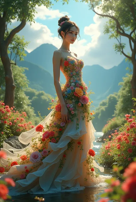 A Vietnamese woman with big breasts, wearing a dress made of flowers, under her feet and behind her is a forest of blooming flowers, with all kinds of flowers in many colors, each flower is blue, red, yellow, green, purple, with sunlight shining through th...