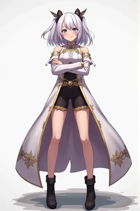 best quality, NoelleV4 , white hair , Stand with arms crossed , Looking with a cute smile , big breasts, มาจาก Black Clover, 