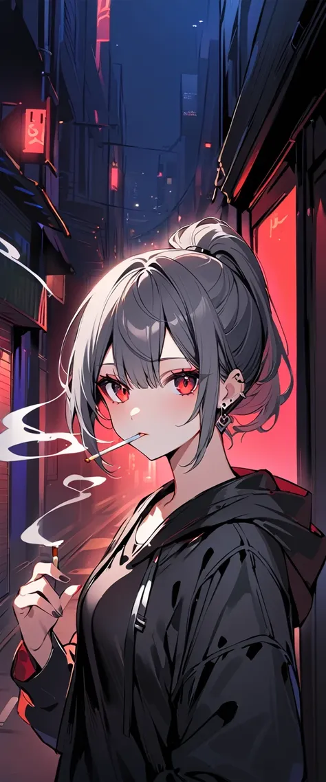 good looking, alone, 1 female, ponytail, black hair with smoky grey tips, red eyes,earrings, black shirt, black and white hooded...