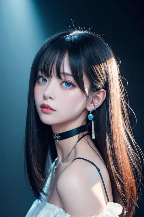 8k wallpaper, masterpiece, Cinema Lighting, Highest quality, figure, Elevation, ((color: 1.1)), ((color inner hair: 1.4)), One person, alone, Long silver hair, water, blue eyes, choker, Lips parted, 黒のchoker, Liquid Hair, Black Hair, bangs, from ~ side, ~ ...