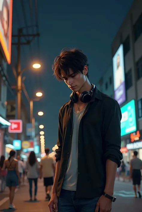 (photorealism:1.2), a handsome young man((Ariel Noah is the vocalist of the band.)), standing with his head down waiting for the bus, at the city bus stop, black shirt and jeans, headphones around his neck, position in front of the camera, the street light...