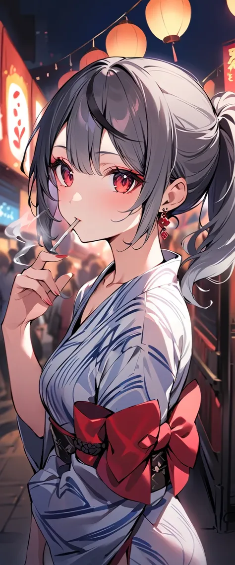 good looking, alone, 1 female, ponytail, black hair with smoky grey tips, red eyes,earrings, smoking, night, summer festival,yuk...