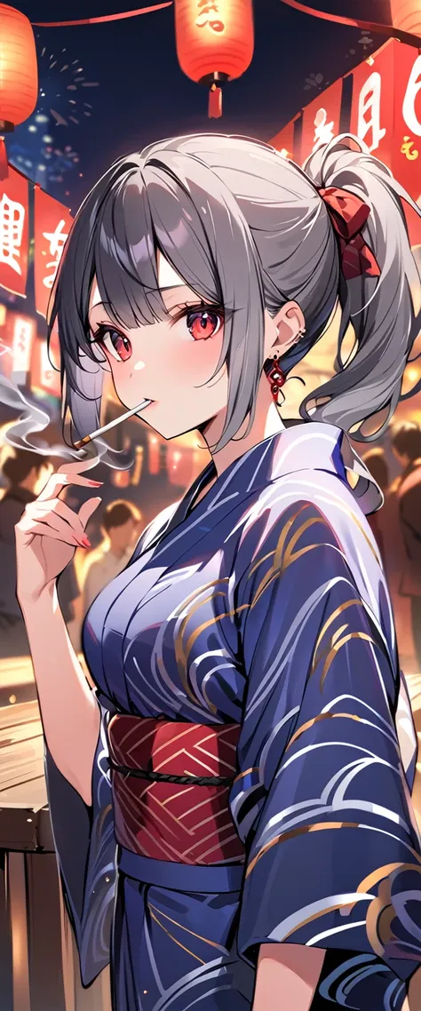 good looking, alone, 1 female, ponytail, black hair with smoky grey tips, red eyes,earrings, smoking, night, summer festival,yuk...