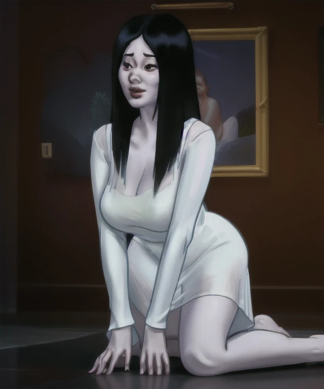 ((maximum quality, 8 mil, work of art:1.3))   sadako, long straight black hair,pale and white skin, white snow, bloody white dre...