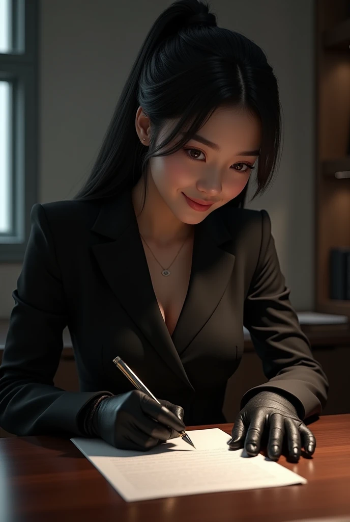 Upper body wearing black leather gloves in both hands, black business suit,((big tits)) (((sexy smile))) facing the desk in the modern study in the dark, looking down, smiling, writing a letter using a fountain pen, long, black hair bundled in the back, yo...