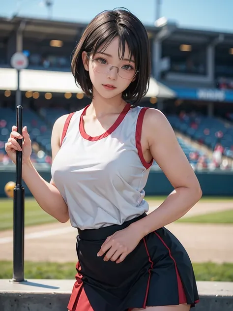 8k, RAW Photos, Highest quality, masterpiece, Realistic, Realistic, (1 Ultimate beauty), 野球cheer leading部,(Strictly adhere to a composition where only one person appears in the photo)、(At the baseball stadium)(Wear rimless glasses)((Female Cheerleader))(ch...