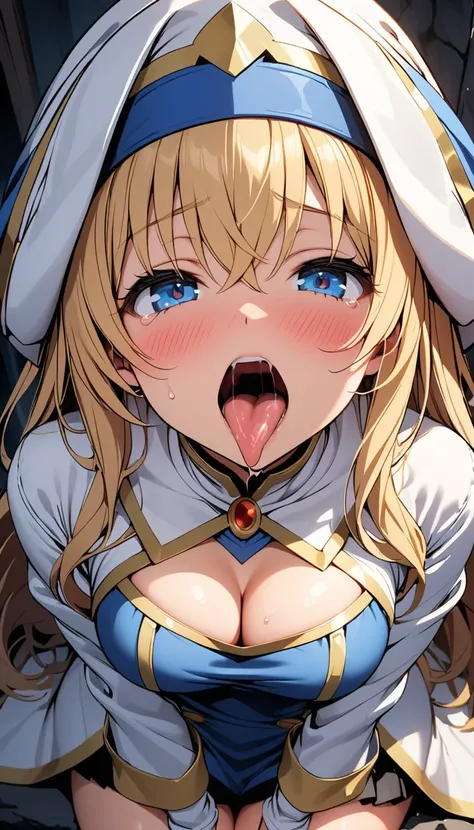 (1girl, Priestess (goblin slayer!), goblin slayer!), beautiful detailed eyes, Blue eyes, half-closed eyes,(tareme), (opened big mouth, licking, Sticky tongue), nsfw, (close-up mouth), (curvy, Slender),(cleavage), from above, Highest quality, Super detailed...