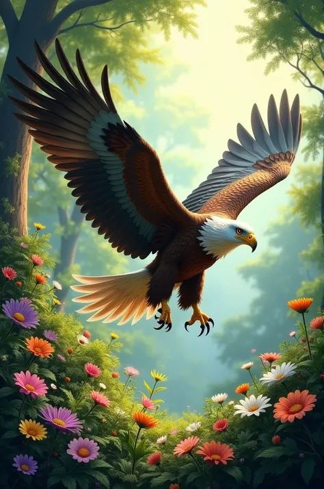 An eagle flying in the forest filled with flowers 