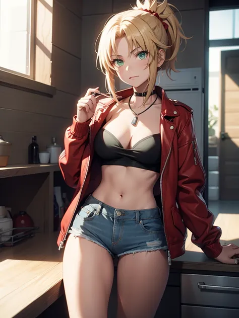 (​masterpiece、top-quality、hight resolution、Unity 8k、extremely details CG:1,Best Picture), modred, (green eyes:1.5), blonde hair, ponytail, short hair, scrunchie, red scrunchie, hair scrunchie, denim, denim shorts, jacket, jewelry, midriff, navel, necklace,...