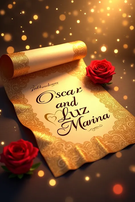 A stunning and enchanting illustration of a luxurious parchment, decorated with exquisite golden patterns and intricate designs. The parchment bears the heartfelt message "Oscar and Luz Marina" in gold letters, translated as "7th Anniversary" in Spanish. T...