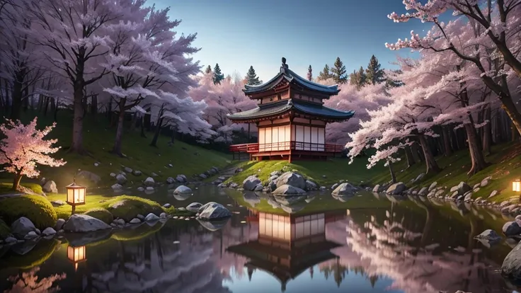 Create a serene Japanese forest scene during springtime, The scene should feature blossoming sakura (cherry) trees with soft pink petals, and slightly overcast skies to create a peaceful and tranquil atmosphere. Add fine details like the reflection of the ...