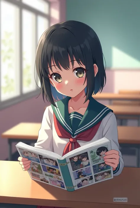 Sasaki Shumeei in a Japanese anime school uniform reading manga.

