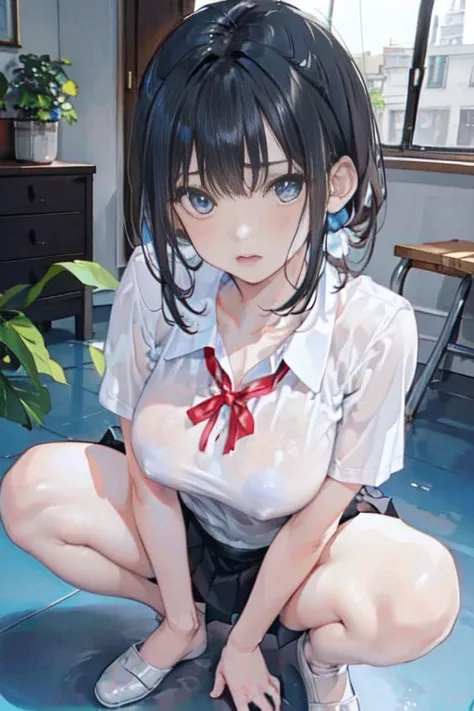 (Highest quality)), ((masterpiece)), (detailed), Natural light，Perfect Anatomy，(((A Cute High School Girl，Wearing a white open collar shirt and black skirt 1.8))),Very sexy，A young woman with a baby face，Small breasts，とてもSmall breasts，Woman squatting with ...