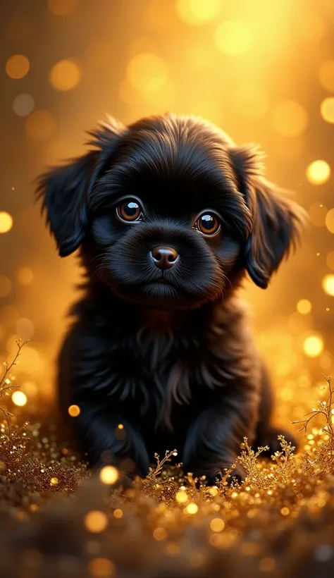 Adorable black shih tzu puppy,Fantastic fantasy,Glowing in gold,Moody Color,Golden glitter background