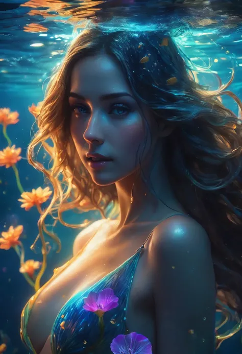 (masterpiece, best quality:1.2), (realistic), photorealistic, high quality, super detailed, 8K Ultra HD, beautiful and sexy Bioluminescent woman with a slim figure medium teardrop breasts, long hair, swimming, beautiful flowing Bioluminescent flowers formi...