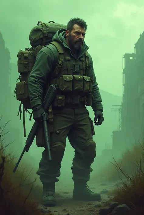 Man equipped in a green post-apocalyptic world