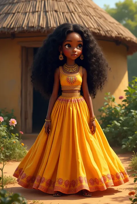 An African girl, with long curly hair, a big gown, standing outside a house 