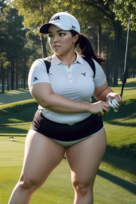 A sexy bbw woman playing a full swing in golf.