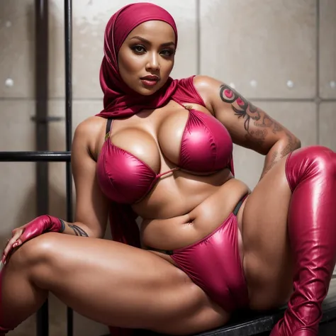 highest quality,shiny skin, a woman with hijab, full bikini with hijab woman, (whole body), ((pink tattoo below navel)), brown eyes,(heavy big breasts), (Chubby body type),(thighs thighs thighs),((red and black high thigh boots )),((Red and black bikini)),...