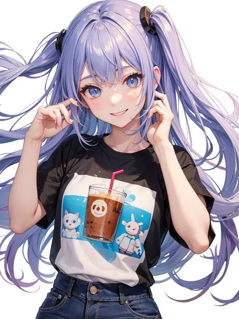 high resolution,Perfect Anatomy,Accurate anatomy,1 person, ,Trendy hair,Trendy hair color,Trendy T-shirts, Drink iced coffee, ((White Background)), head whole,Various poses,smile,はにかむsmile,恥ずかしそうなsmile