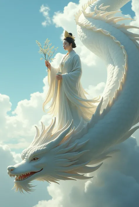 A statue of Guanyin standing on a white dragon and holding a vase of divine water with willow branches. (A vase is not a jar.) I want a big dragon floating down from the sky. Please make Guanyin look like a human, not a statue. Let her hold a willow branch...