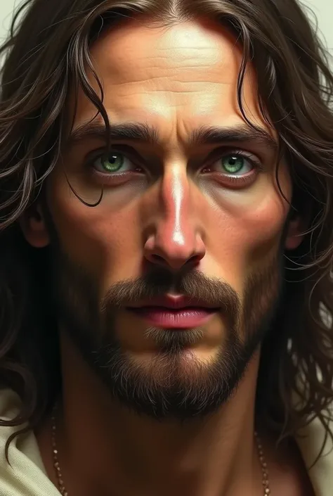 Jesus looking at you intently, green eyes 