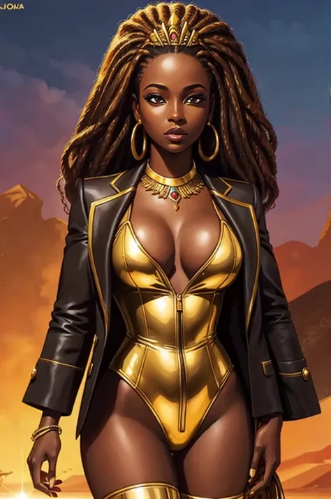 beautiful African woman, golden suit jacket, cleavage, album cover, dark skin