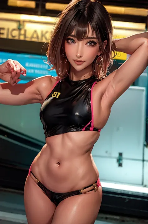 (Highest quality), Realistic, Gal,Sea of night,Night seaside,Full body,(((Big Breasts:1.2))),Sweat in the valley,Wet body,Masterpiece,Accurate human anatomy,Realistic expression,,Highly revealing,(short hair,Sharp bangs)Black panties,Fleshy crotch,(((Highe...