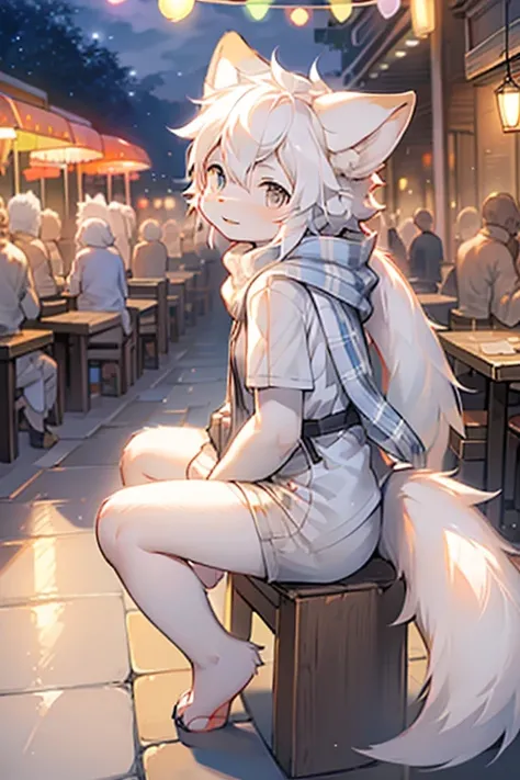 Arctic fox girl，Long-haired girl，Baby characteristics，white hair，White สกีn，scarf，Short สกีrt，Thailand backdrop, Sitting in a downtown restaurant