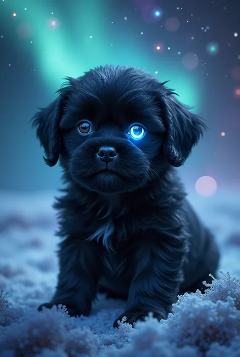 Black shih tzu puppy, glowing big blue eye,slittle cold Touch mystic feeling polar Lights,nebula