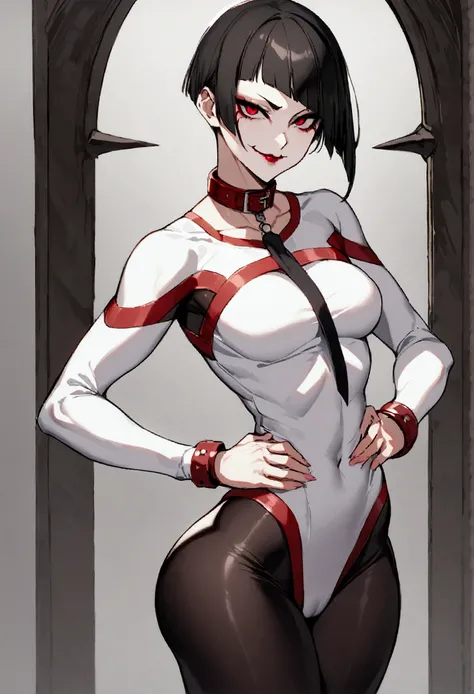 fully body,standing,alone,short hair,work of art,face detailed,young fitness linda,Wearing black pantyhose,tight white sweater with collar ,neckleace,evil smile,red eyes glowing,labiaa,eye shadow,bangs on the eyes,hands on waist,sexy ass,perfect annoomy
