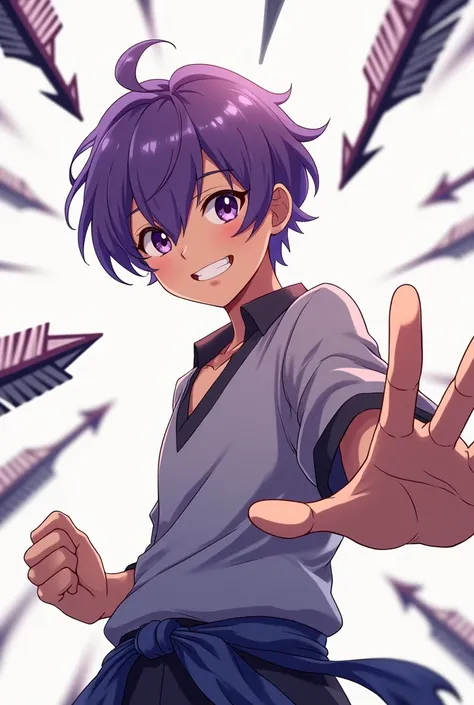 Make a anime 16 years male with purple relaxed hair smiling and with a fighting stance with some arrows in the air fflying into his direction but not able to hit him