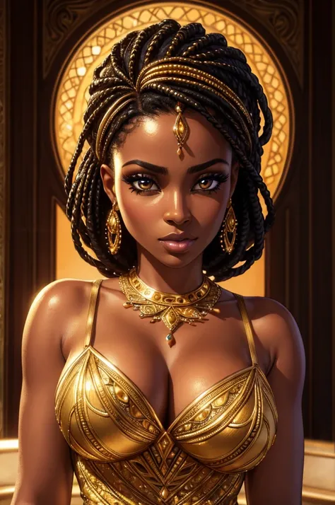 beautiful African woman, short (golden) dress that seems to flow like honey, dark skin, beautiful detailed eyes, beautiful detailed lips, extremely detailed eyes and face, long eyelashes, intricate jewelry, warm lighting, photorealistic, 8k, high quality, ...