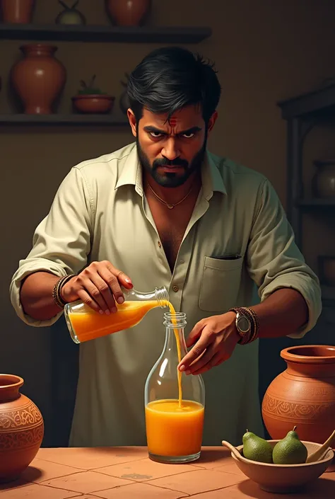 
Ravi Secretly Replacing Alcohol with Juice: Ravi, with a determined expression, is carefully pouring juice into an empty alcohol bottle while inside Mohans home. The room has a traditional feel, with earthen pots, simple utensils, and a clay floor.