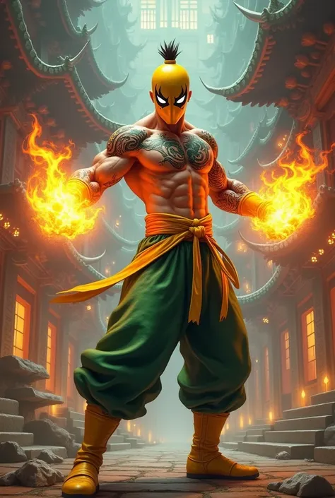 1man, shirtless, martial arts, yellow mask, white eye patterns with black outline , muscular, green costume, yellow belt and boots, burning fists, dragon tatto, mystical city background