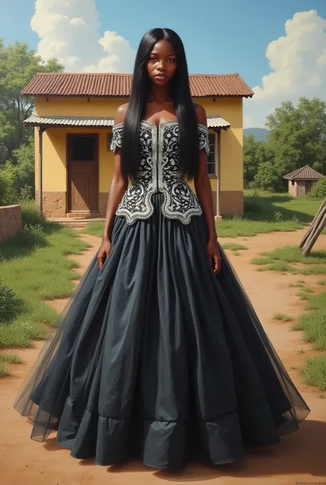 An African teenage girl with long straight hair, a big white and black gown, standing outside a house realistic paint 