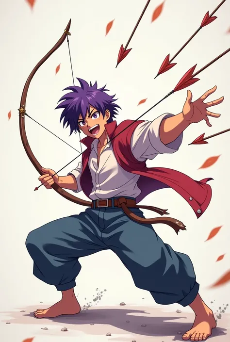 Make a anime a bit strong 18 years lightskin male with purple relaxed hair smiling and with a fighting stance with some arrows in the air fflying into his direction but not able to hit him