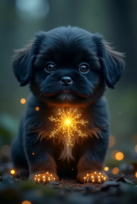 (best quality, masterpiece, ultra detailed, ultra high res, photorealistic, raw photo, absurdres, absolutely resolution), A creature that combines a black shih tzu puppy and a firefly