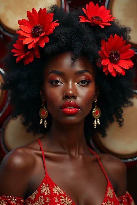 face of a black woman with thick red lips, big nose, who has curly hair, that has red flowers on his head and drums around him